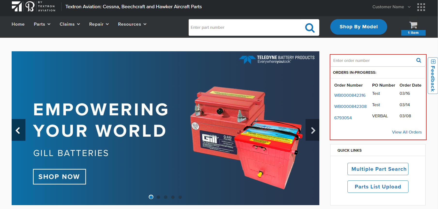 screenshot of homepage with active orders shown